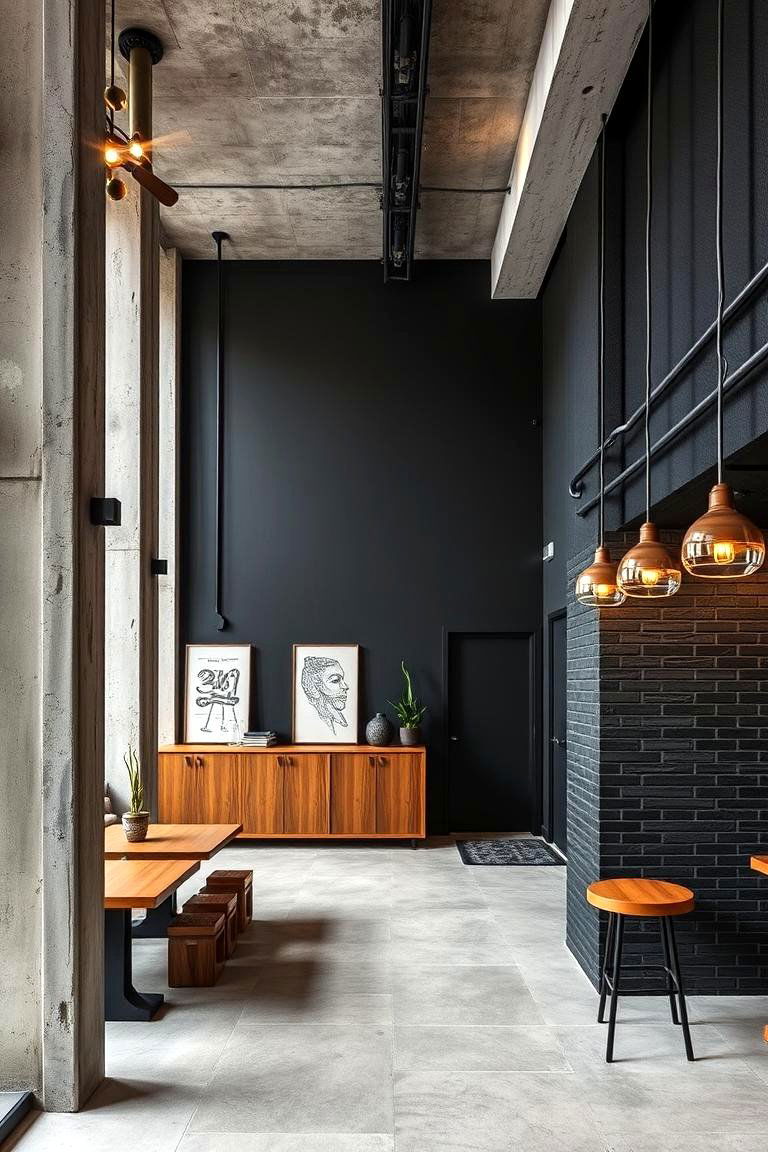 Industrial Black Wall with Exposed Concrete - 24 Black Accent Wall Ideas