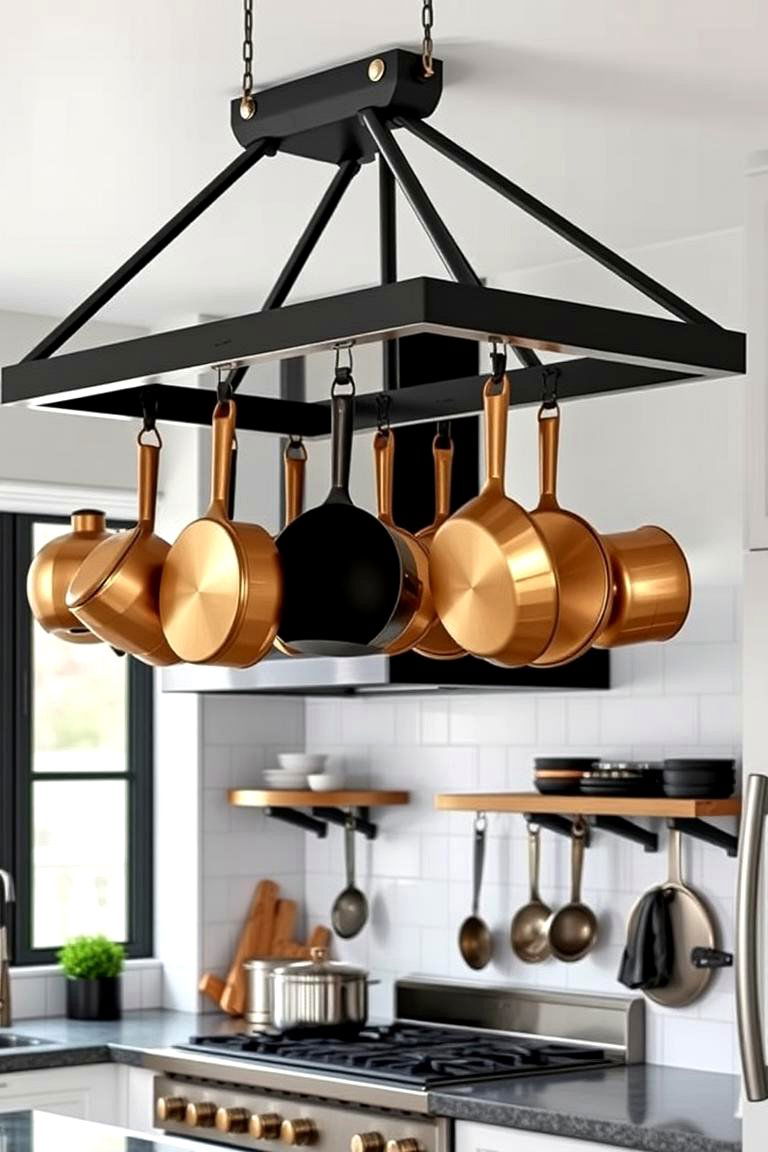 Industrial Black and Gold Pot Racks - 24 Black and Gold Kitchen Ideas