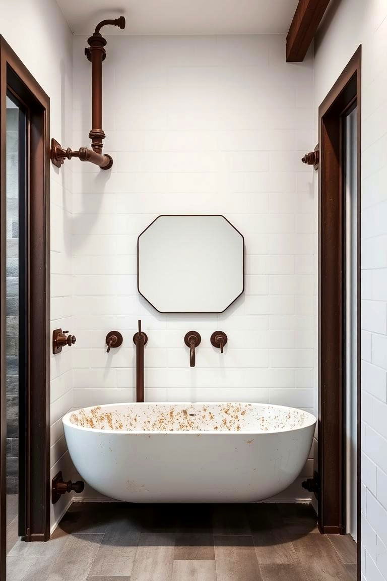 Industrial Brown Metal Finishes with White Walls - 24 Brown and White Bathroom Ideas