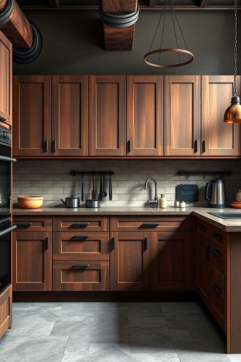 Industrial Brown with Metal Hardware - 24 Brown Kitchen Cabinets Ideas