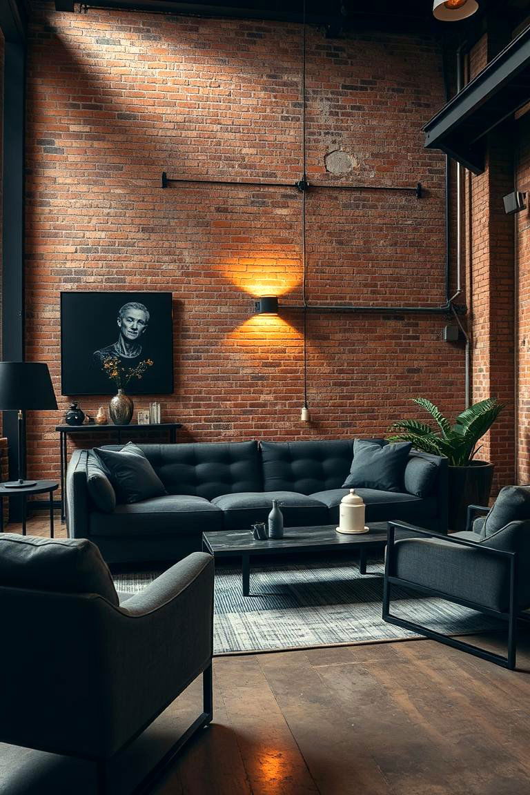 Industrial Charm with Exposed Brick - 24 dark grey couch living room ideas