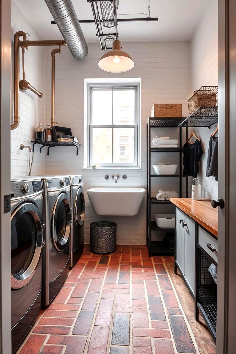 Industrial Chic - 24 Brick Floor Laundry Room Ideas
