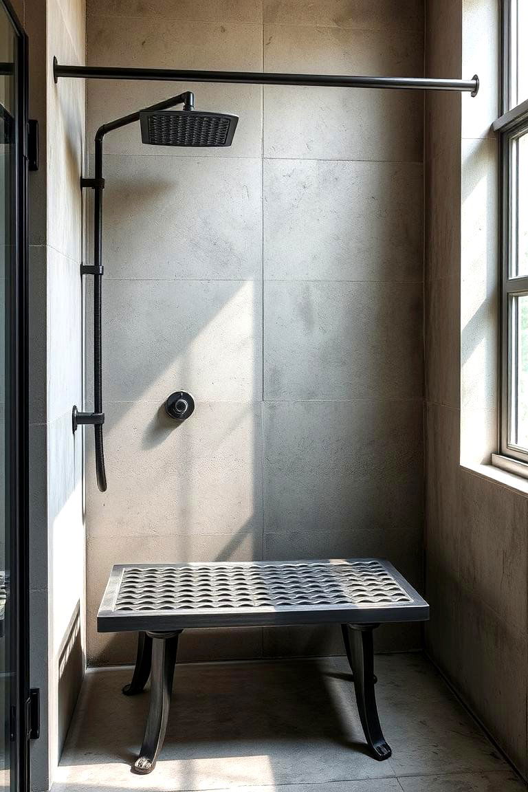 Industrial Chic Bench Setup - 24 Walk in Shower Ideas With Bench