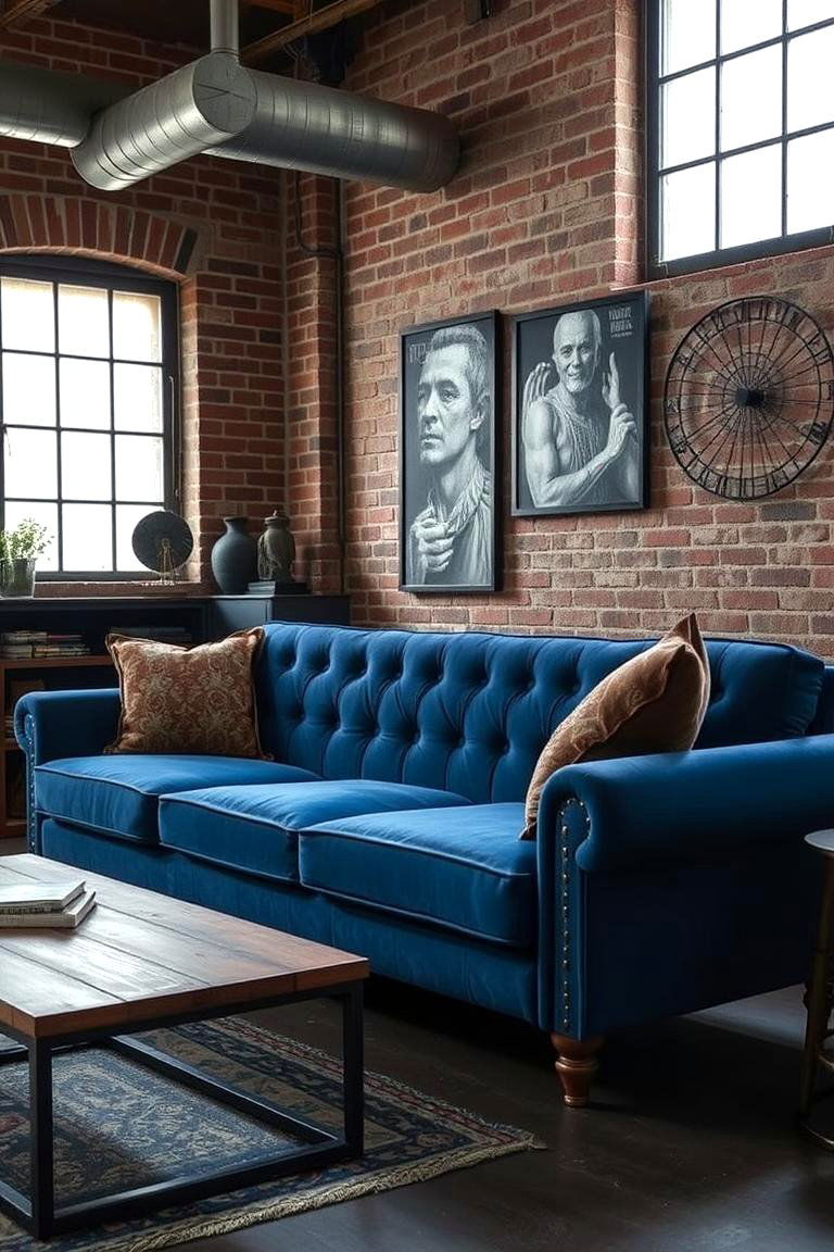 Industrial Chic Blue Couch with Metal Accents - 24 Blue Couch Living Room Ideas