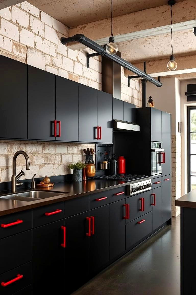 Industrial Chic Cabinets - 24 red and black kitchen ideas