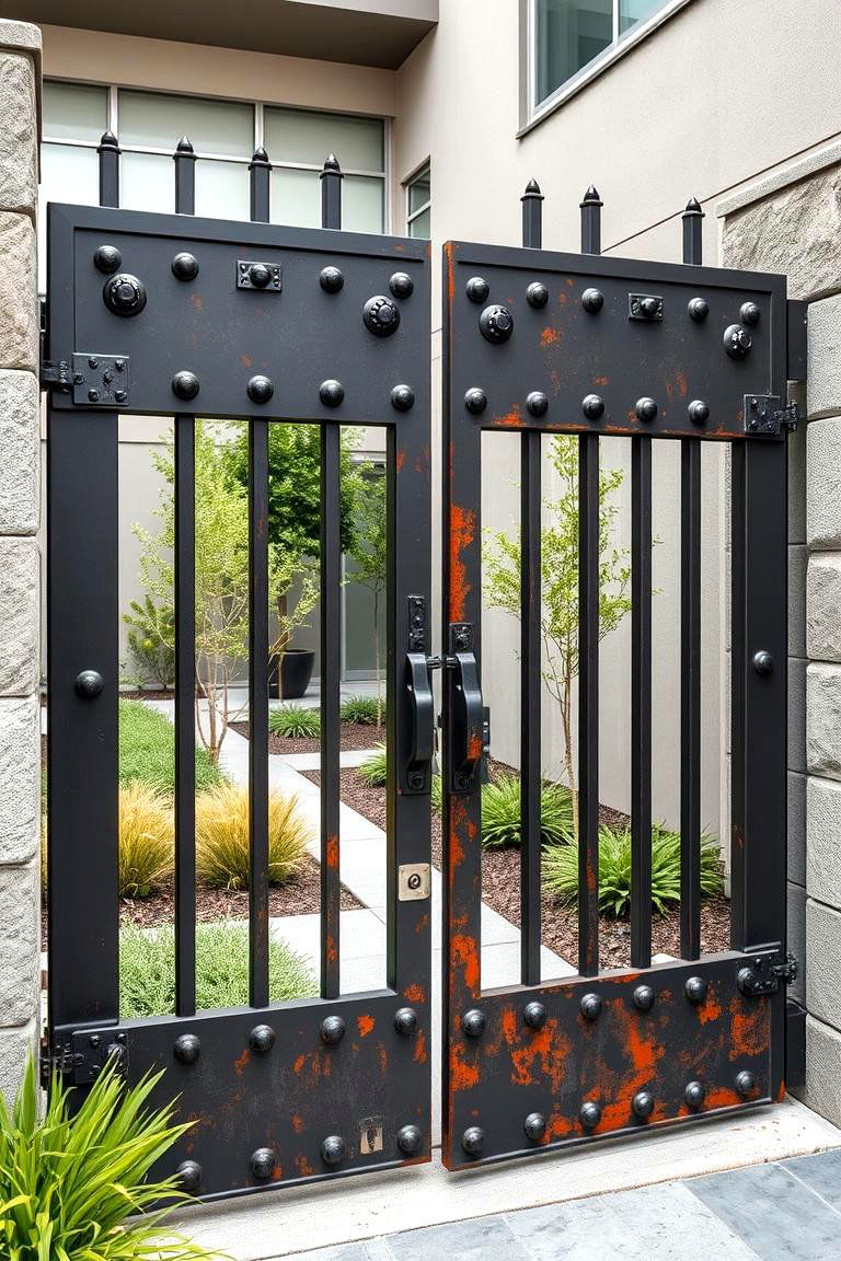 Industrial Chic Metal Gate with Rivet Details - 24 Metal Garden Gate Ideas