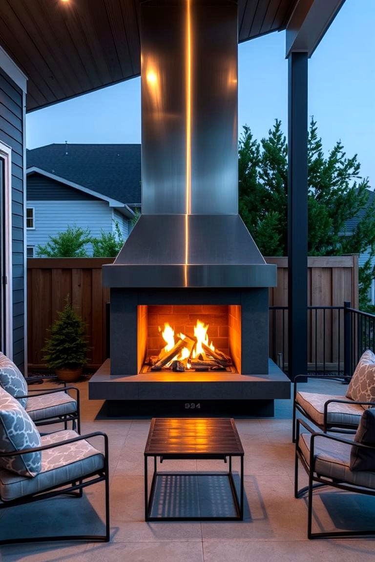 Industrial Chic Outdoor Fireplace with Metal Accents - 24 Porch Fireplace Ideas