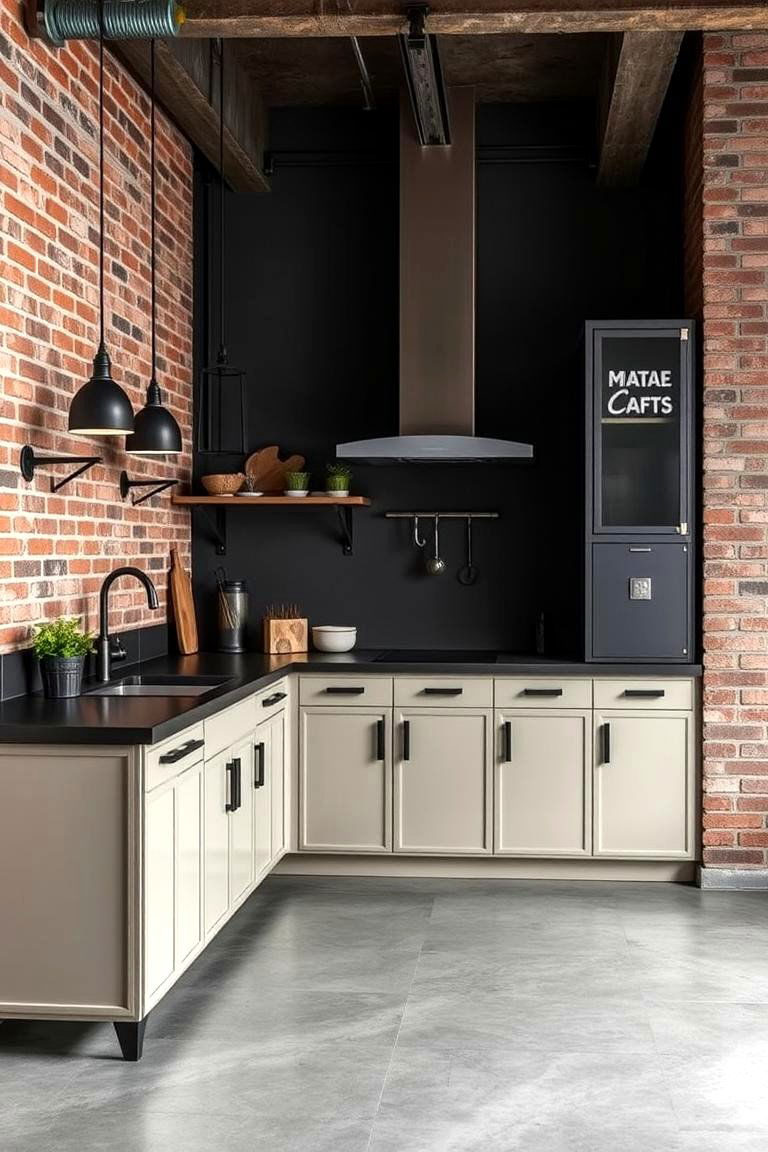 Industrial Chic Vibe - 24 kitchen with dark countertops and light cabinets