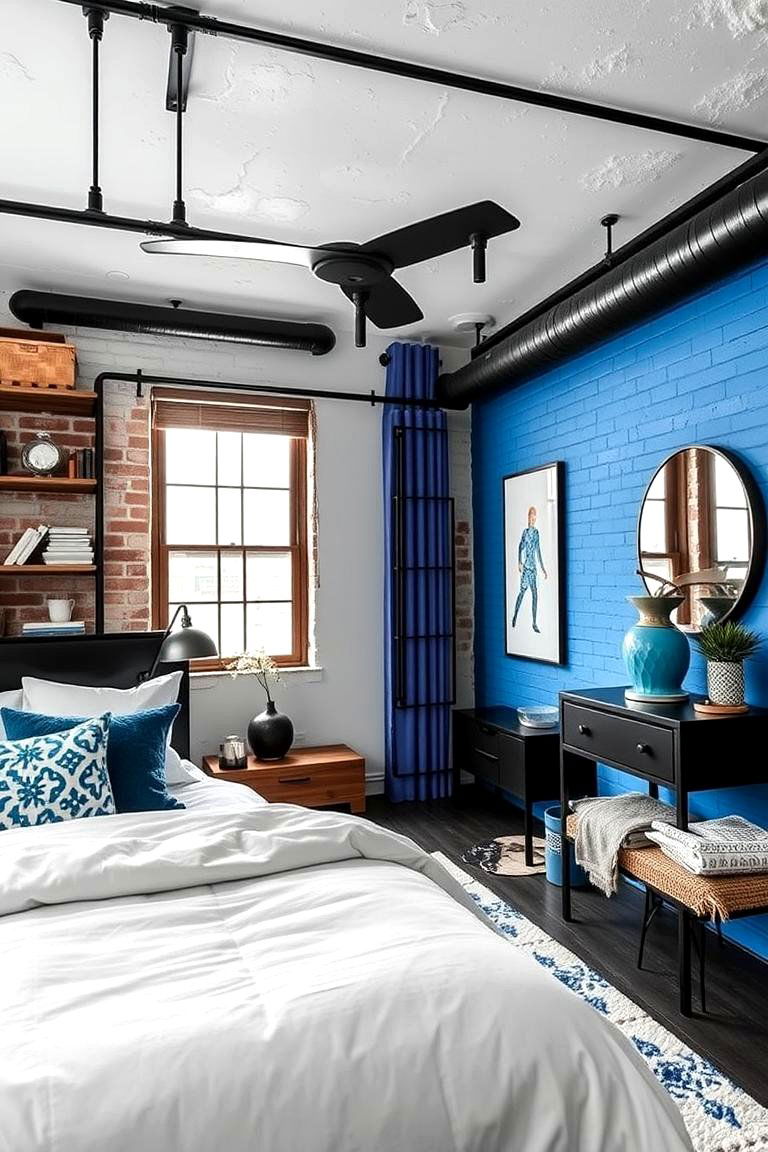Industrial Chic with Black Fixtures and Blue Decor - 24 Black and Blue Bedroom Ideas
