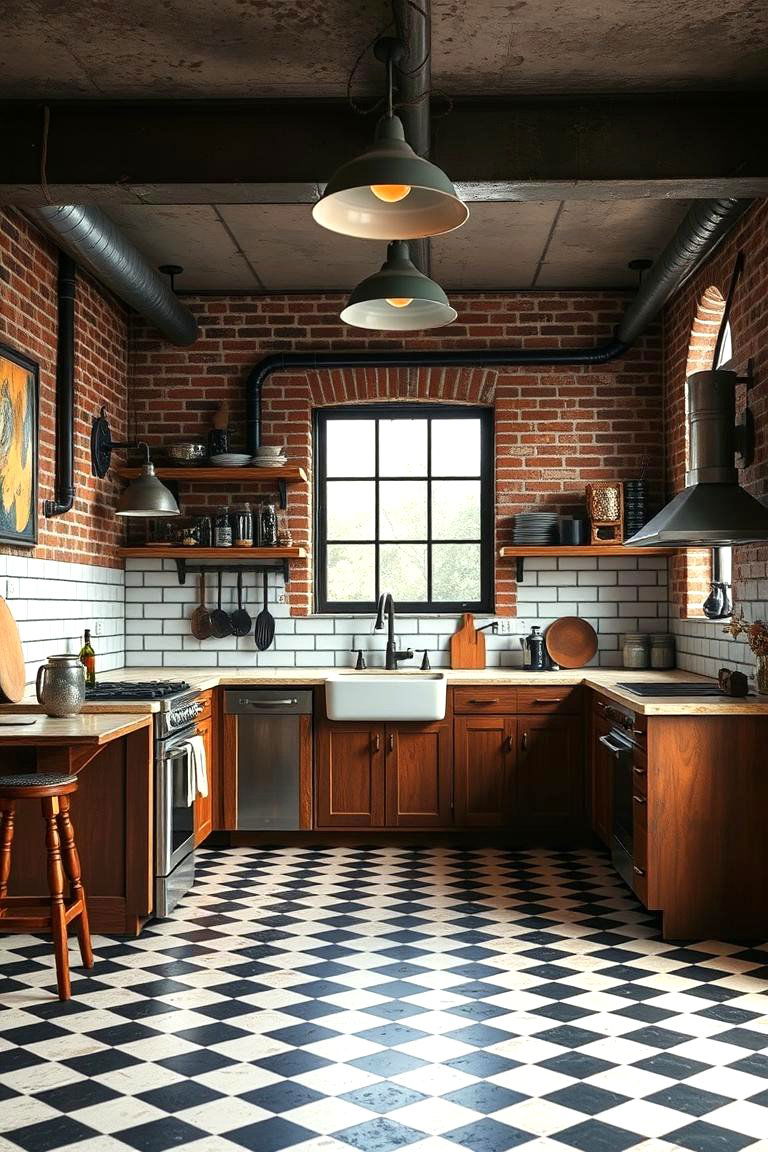 Industrial Chic with Vintage Checkers - 24 Kitchens With Checkered Floors