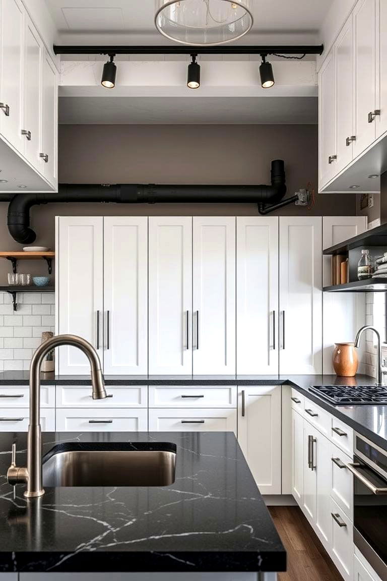 Industrial Edge Elegance - 24 Kitchen With White Cabinets and Black Countertops Ideas
