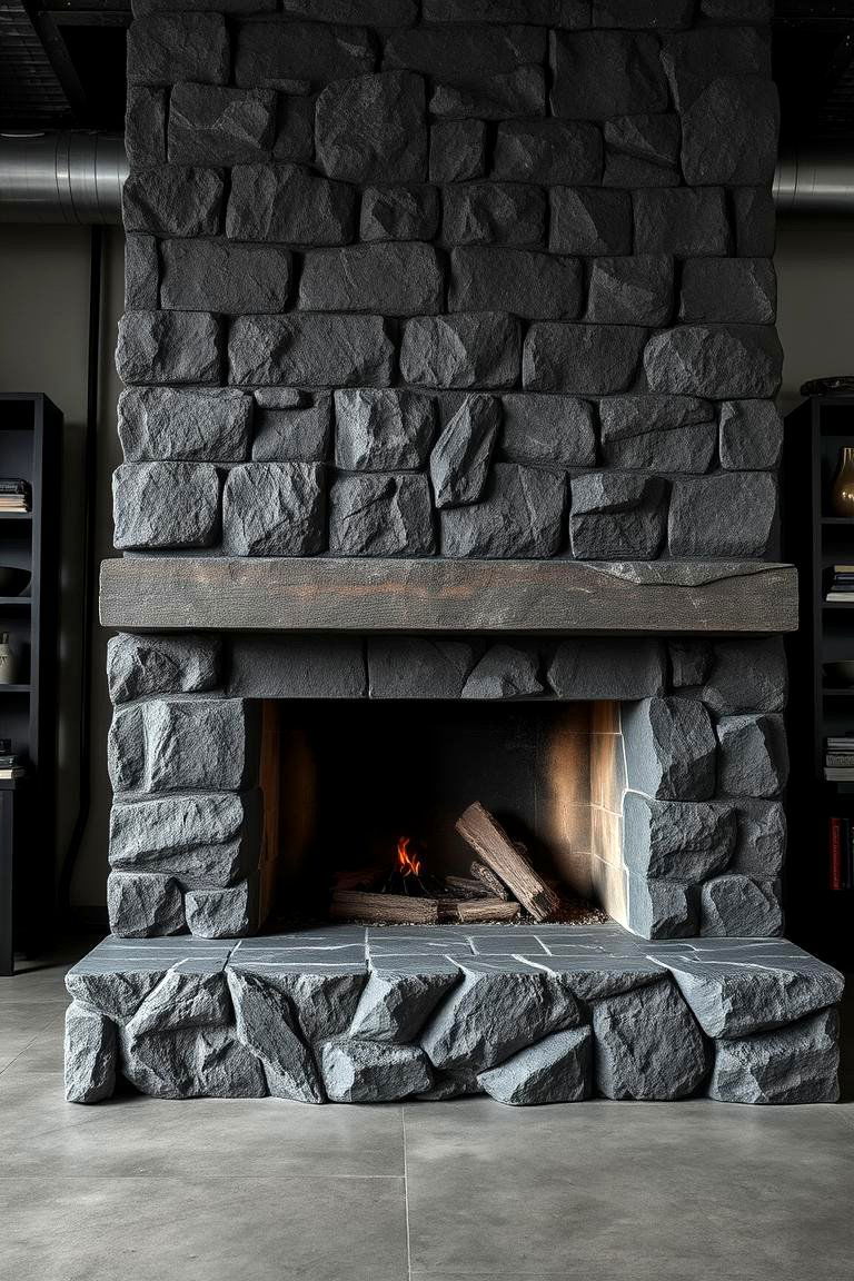 Industrial Edge Sophistication - 24 Black Stone Fireplace Ideas