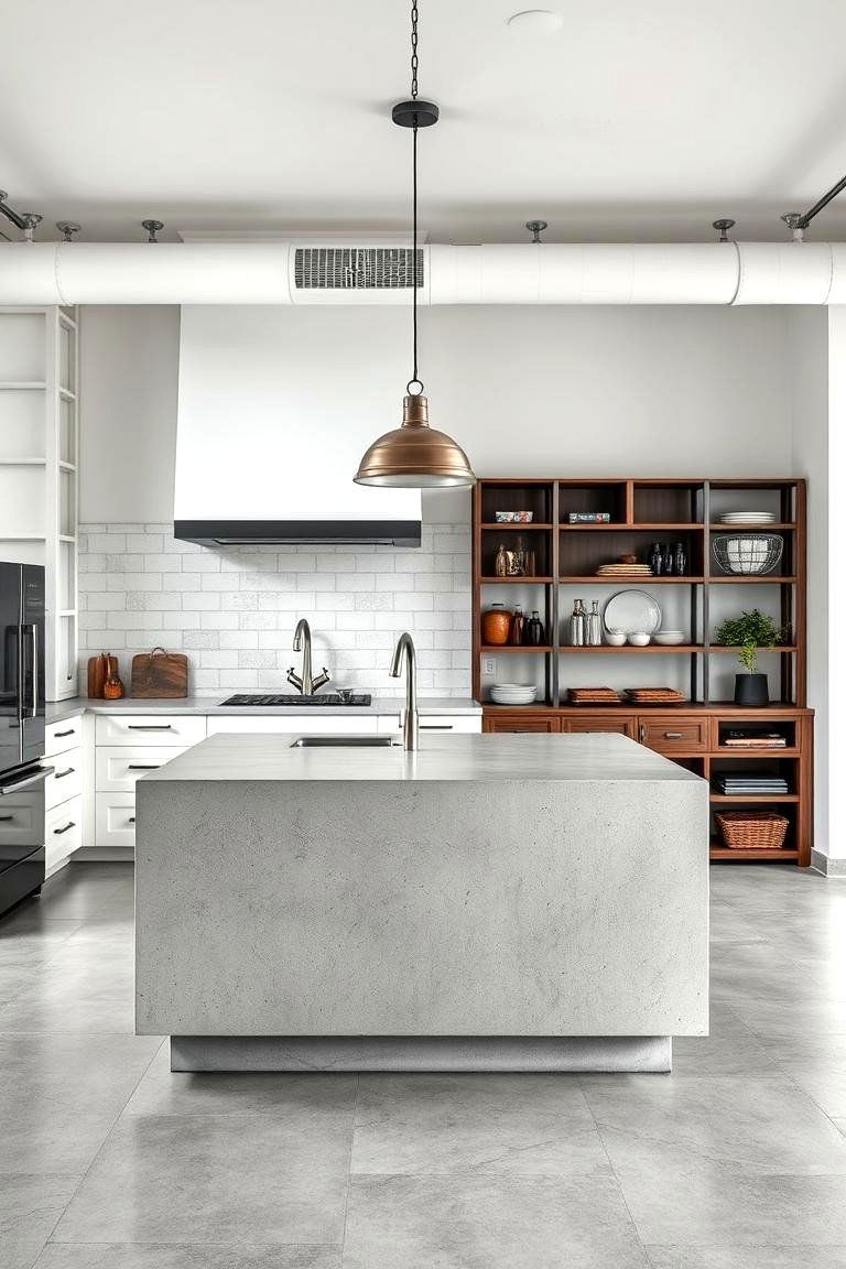 Industrial Edge with Concrete Grey Island - 24 White Kitchen Cabinets With Grey Island Ideas