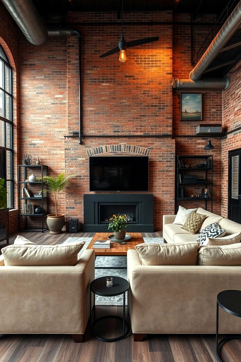 Industrial Edge with Exposed Brick and Metal - 24 Rustic Living Room With a Brick Fireplace Ideas