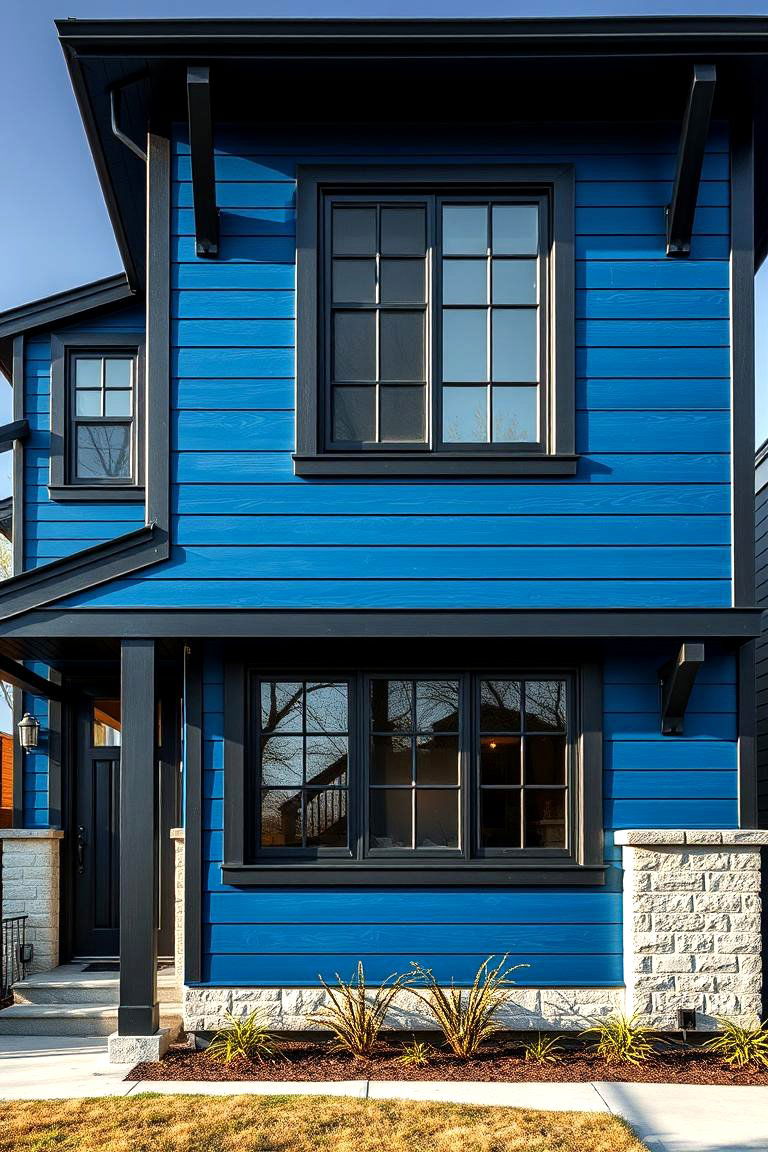 Industrial Edge with Soft Blue Hues - 24 Blue House With Black Trim Ideas