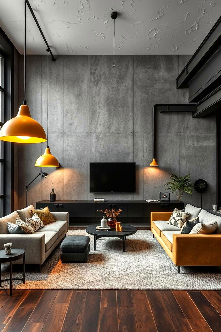 Industrial Elegance in Grey with Yellow Lighting - 24 Grey and Yellow Living Room Ideas