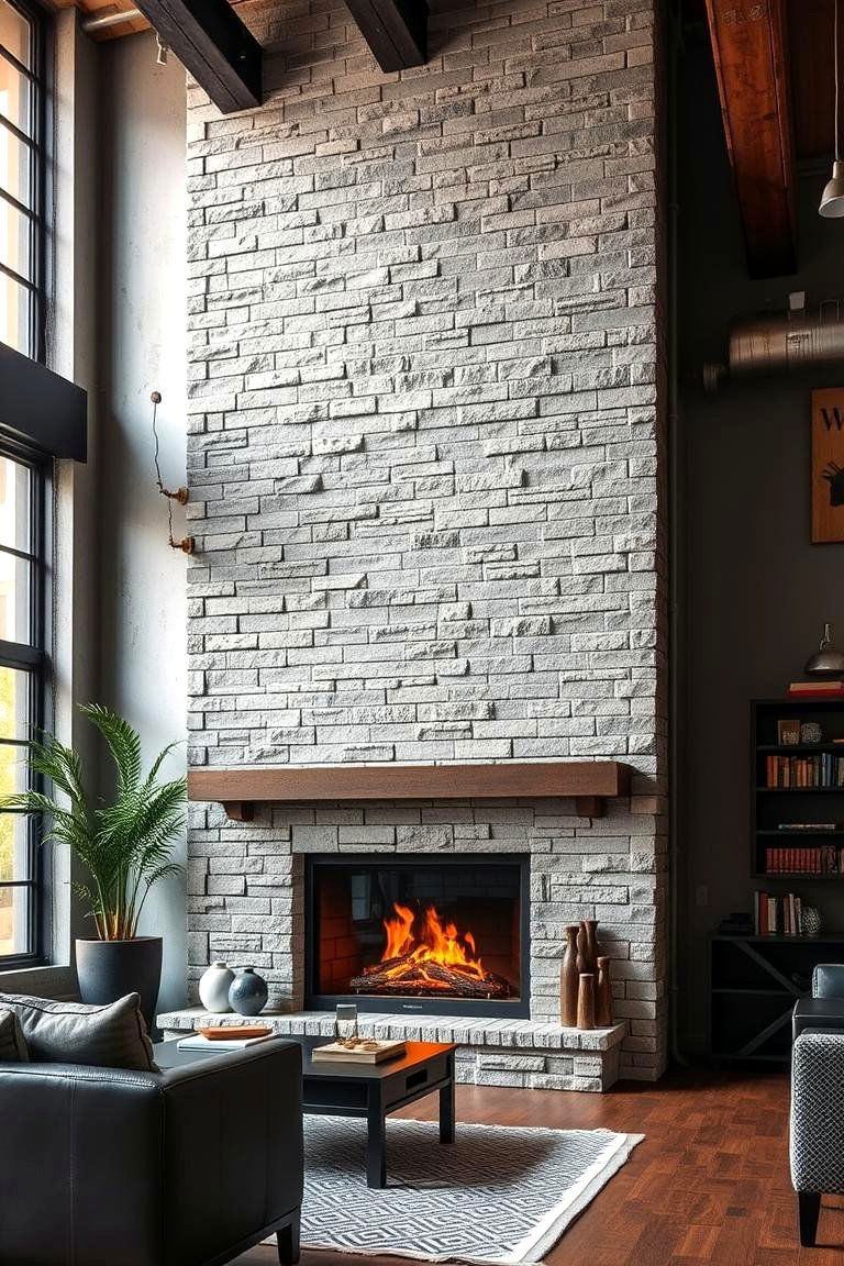 Industrial Faux Stone Accent - 24 Faux Stone Fireplace Ideas
