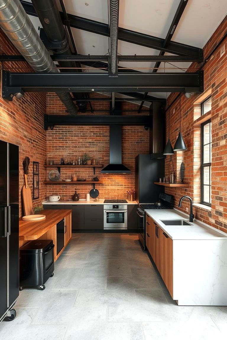 Industrial Flair with Exposed Brick and Metal Elements - 24 Split Level Kitchen Design Ideas