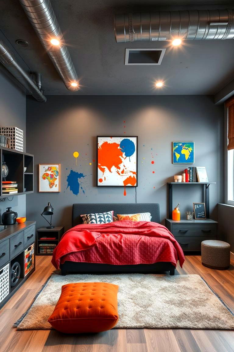 Industrial Gray with Vibrant Accents - 24 Boys Room Paint Ideas