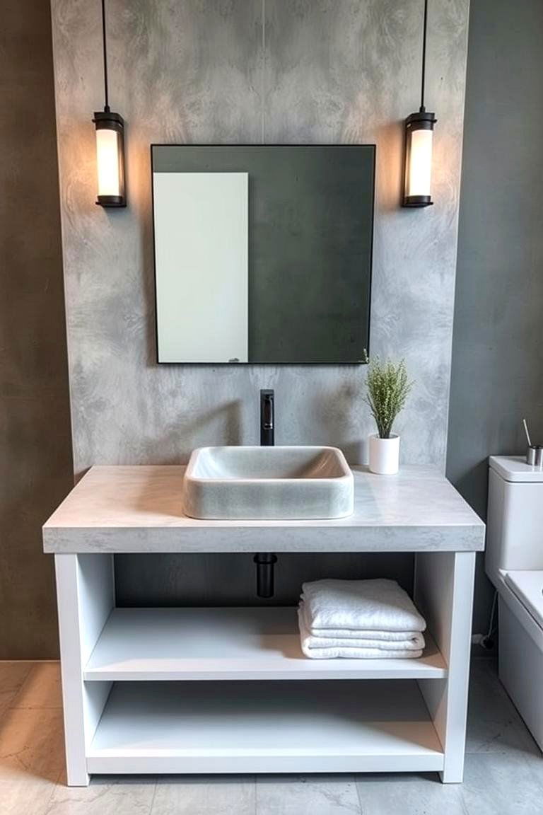 Industrial Inspired Grey Concrete Sink on a White Base - 24 Grey and White Bathroom Ideas