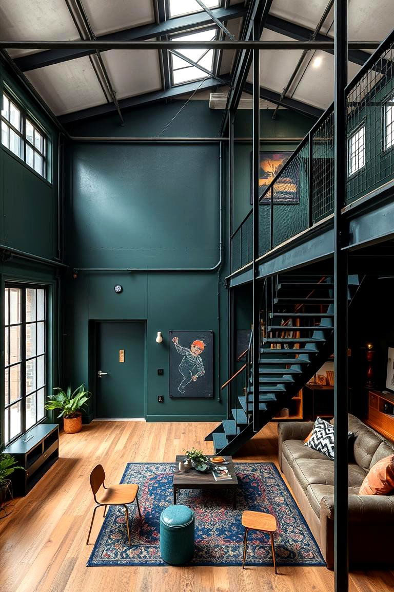 Industrial Loft with Dark Green Walls - 24 Dark Green Accent Wall Ideas