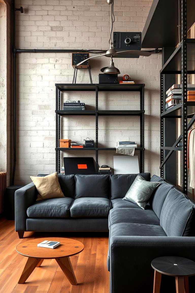 Industrial Loft with Metal Accents - 24 dark grey couch living room ideas