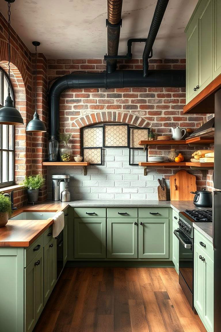 Industrial Meets Rustic with Green Accents - 24 Green and Brown Kitchen Ideas