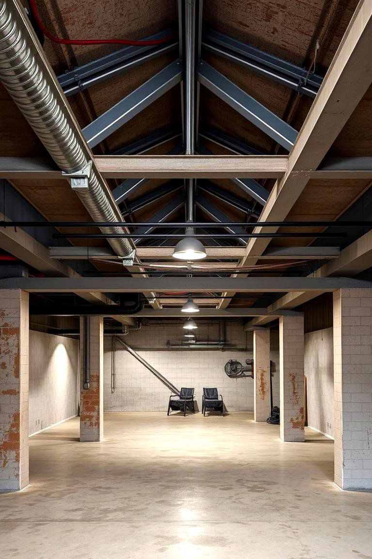 Industrial Metal Beams - 24 Exposed Basement Ceiling Ideas
