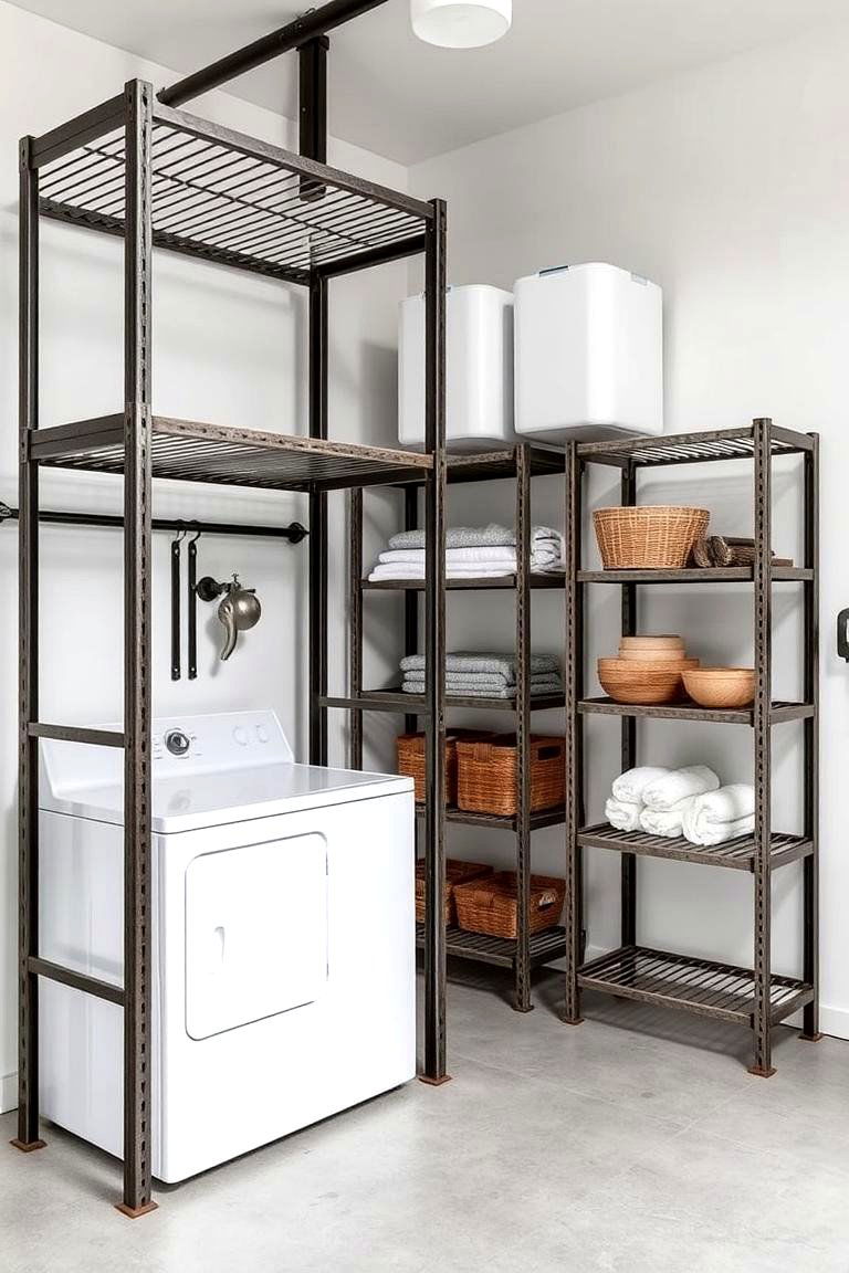 Industrial Metal Racks - 24 Vintage Laundry Room Decor Ideas