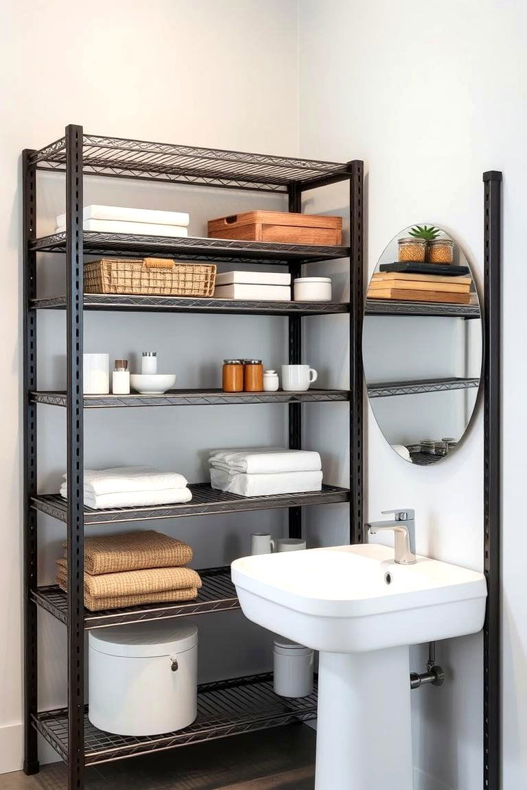 Industrial Metal Shelving - 24 Pedestal Sink Storage Ideas