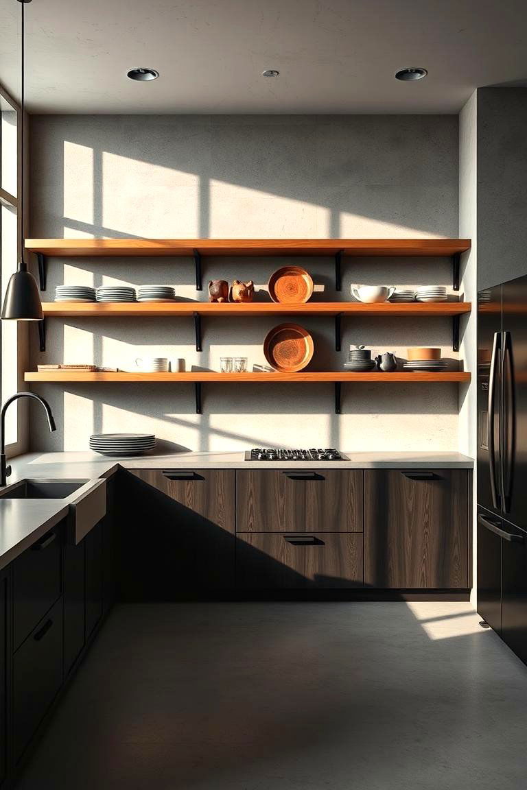 Industrial Microcement Open Shelving - 24 Microcement Kitchen Ideas