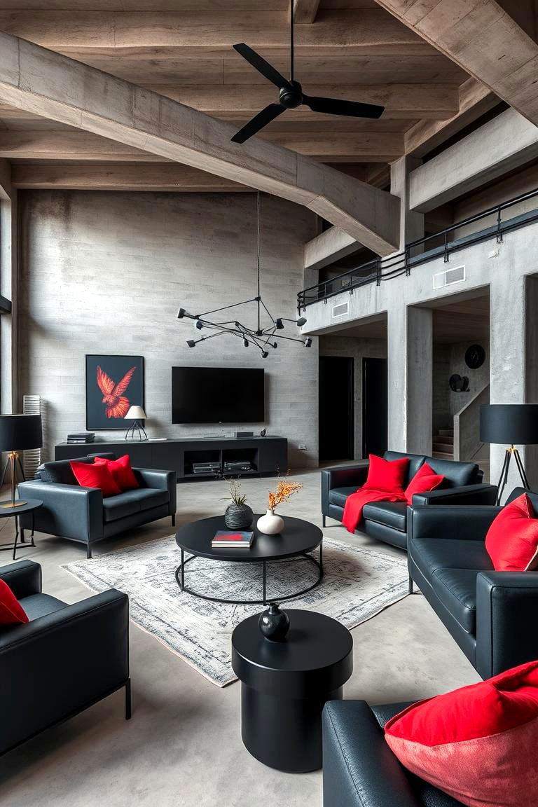 Industrial Sophistication with Black and Red Hues - 24 Black and Red Living Room Ideas