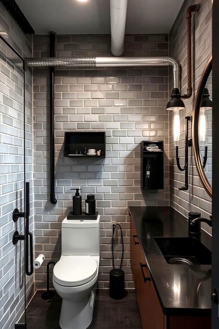 Industrial Style Black Countertops with Exposed Plumbing - 24 bathroom with black countertops ideas