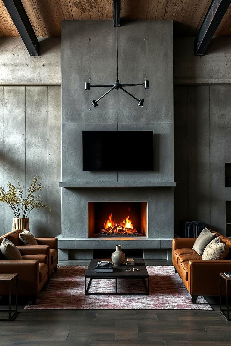 Industrial Style Concrete Fireplace Wall - 24 Fireplace Wall Ideas