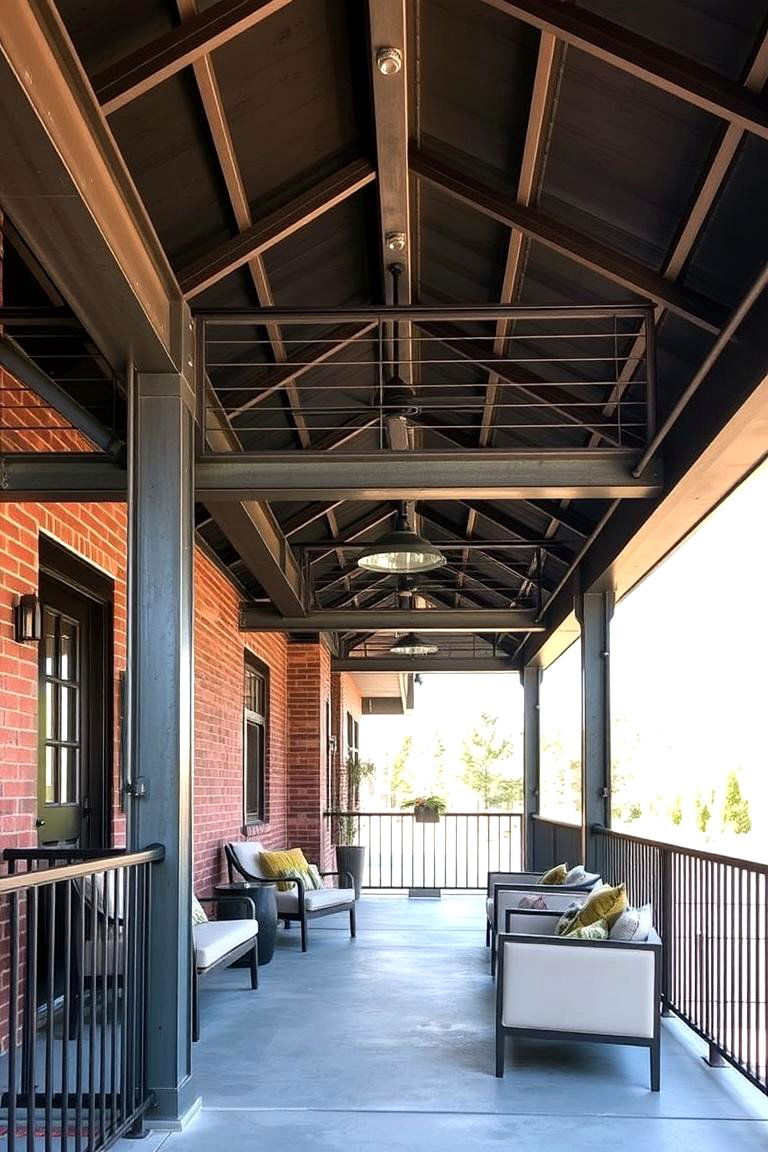 Industrial Style Porch with Exposed Steel Beams - 24 Barndominium Front Porch Ideas