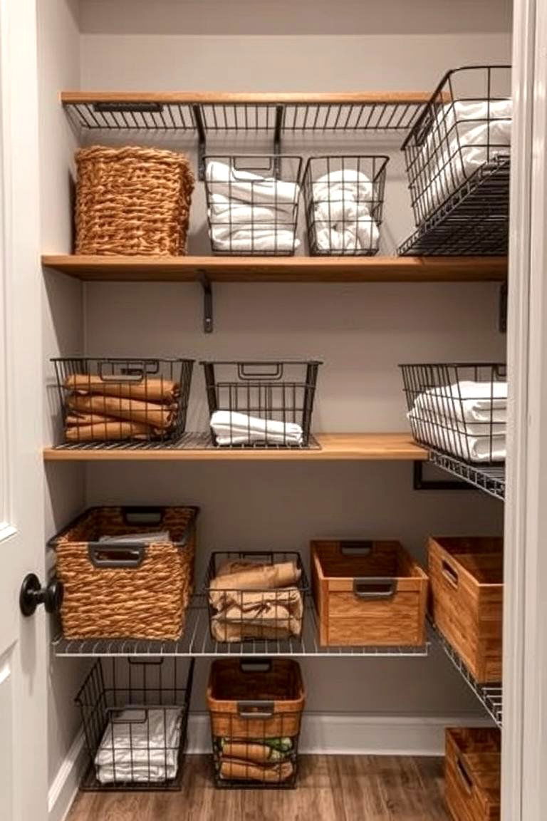 Industrial Wire Basket Arrangement - 24 Rustic Closet Ideas