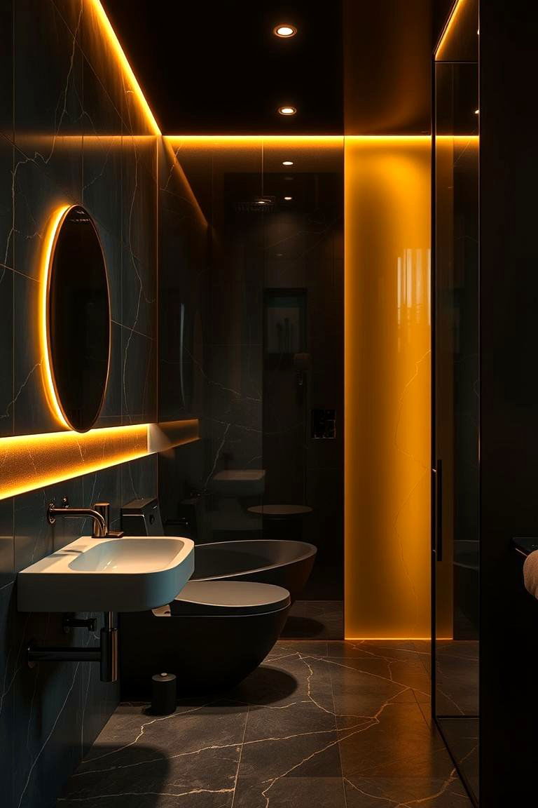 Innovative Black Lighting with Golden Hues - 24 Black and Gold Bathroom Ideas