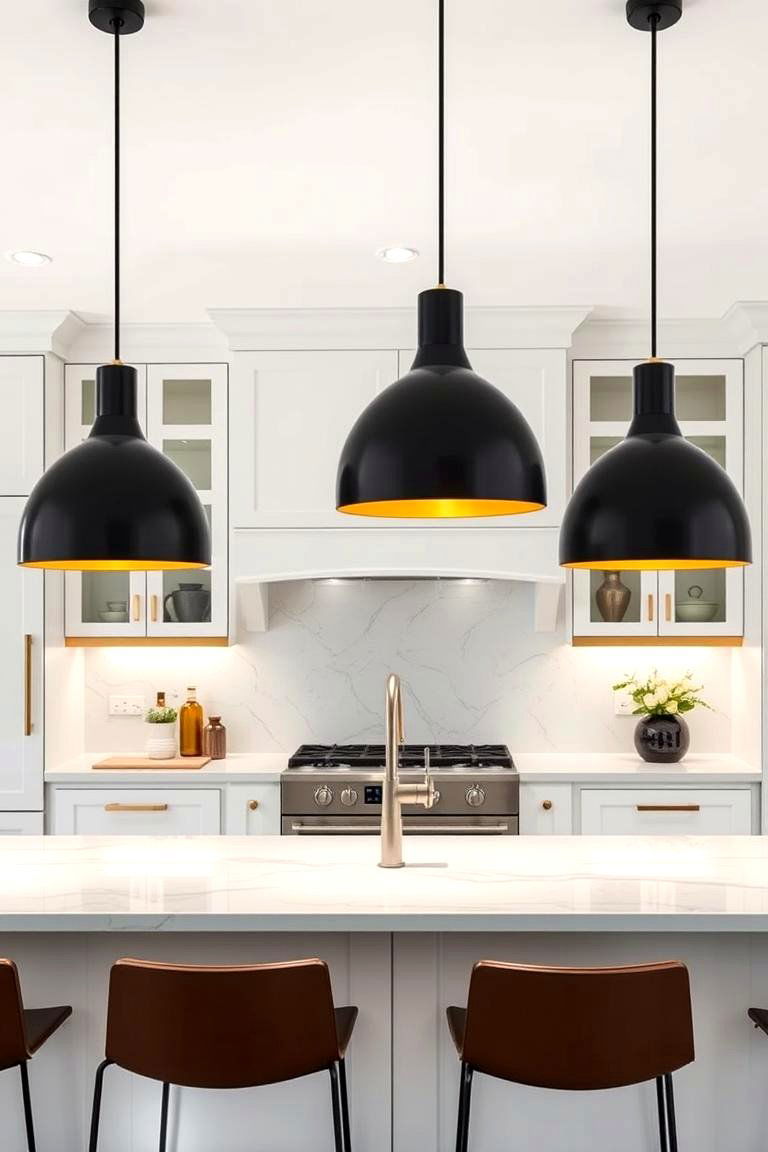 Innovative Black Pendant Fixtures with White Surroundings and Gold Highlights - 24 black white and gold kitchen ideas