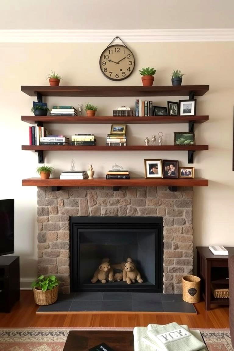 Install Floating Shelves Above the Fireplace - 24 Fireplace Decor Ideas