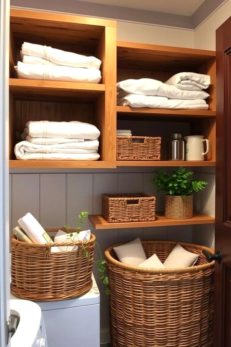 Install Open Wooden Shelving - 24 Rustic Laundry Room Ideas