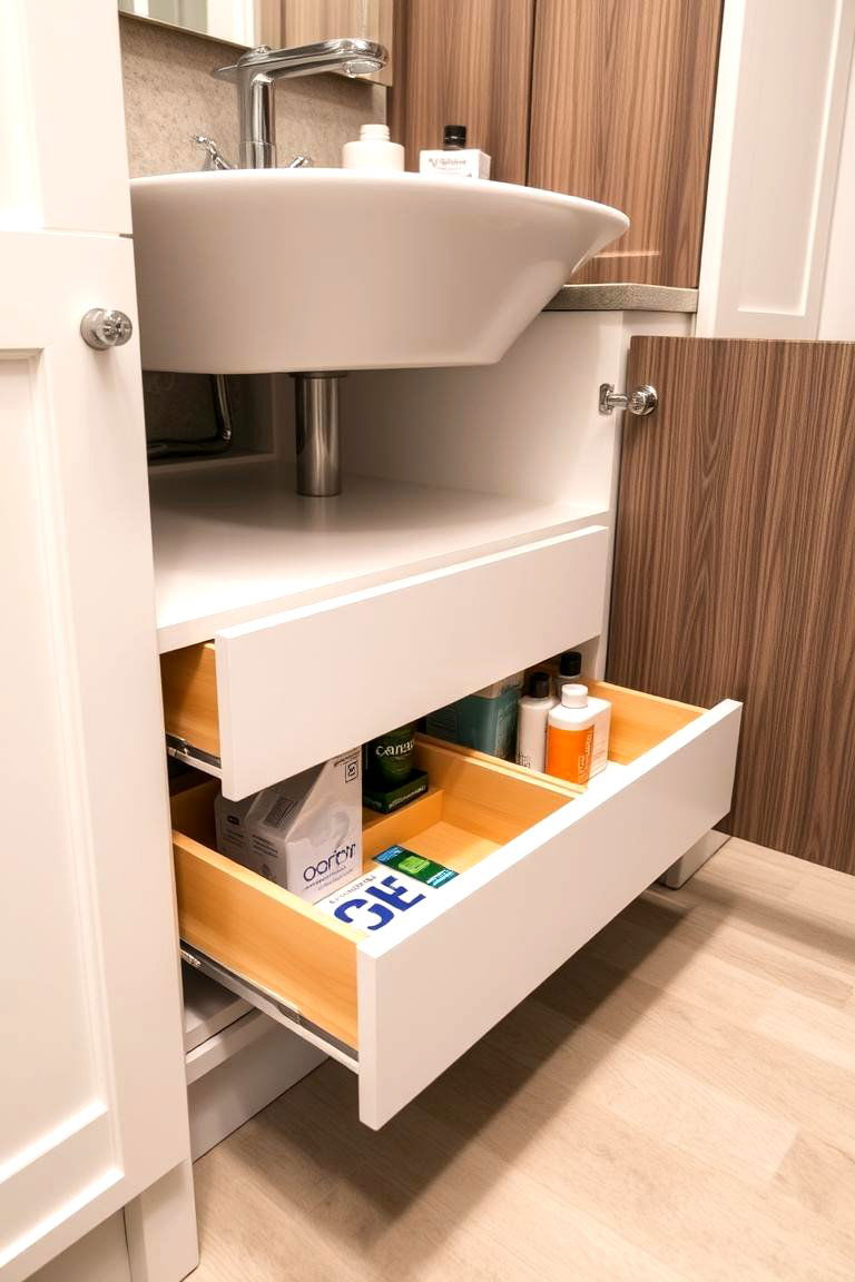 Install Pull Out Drawers for Easy Access - 24 Bathroom Organization Ideas