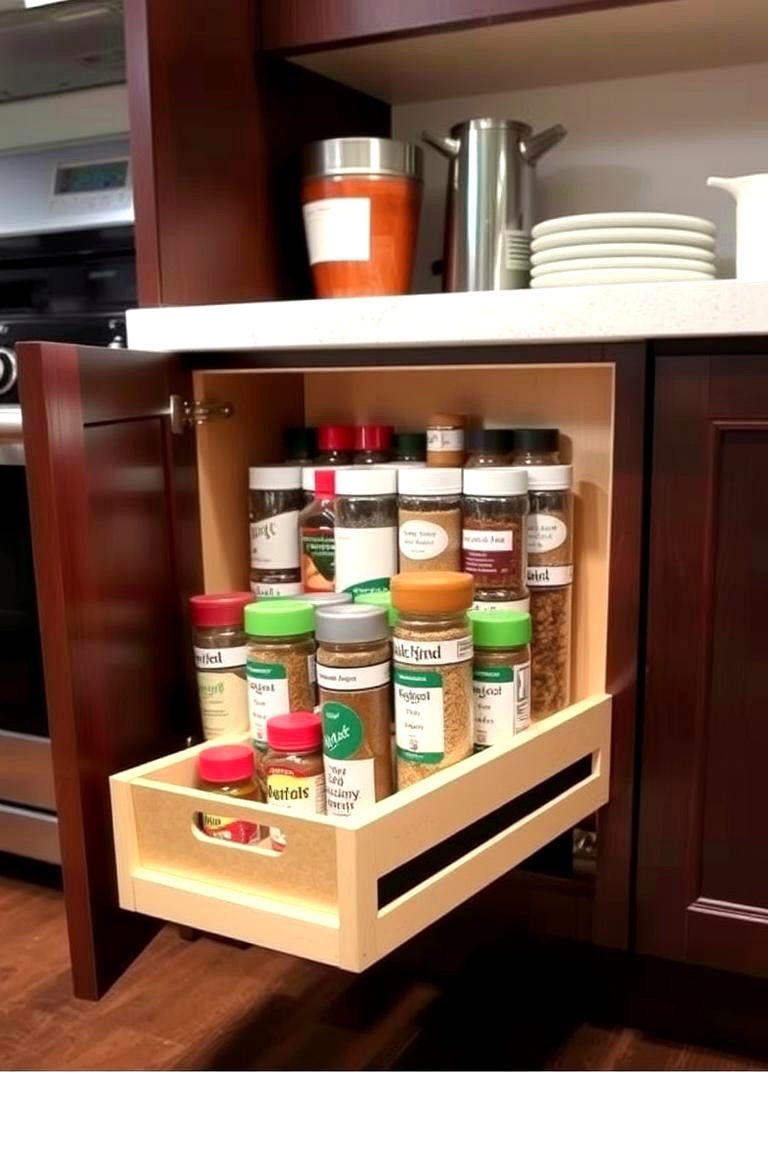 Install Pull Out Spice Racks - 24 Kitchen Cabinet Organization Ideas