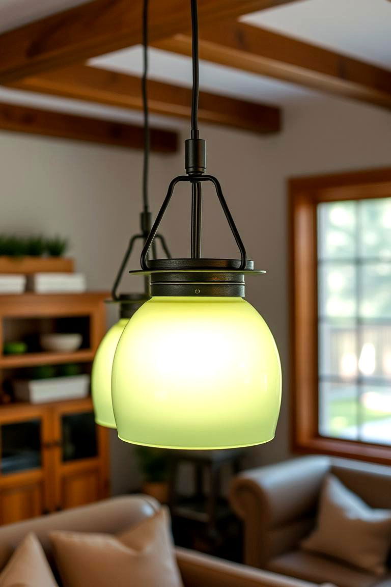Install Rustic Lighting Fixtures with Sage Green Shades or Details - 24 Rustic Sage Green Living Room Ideas
