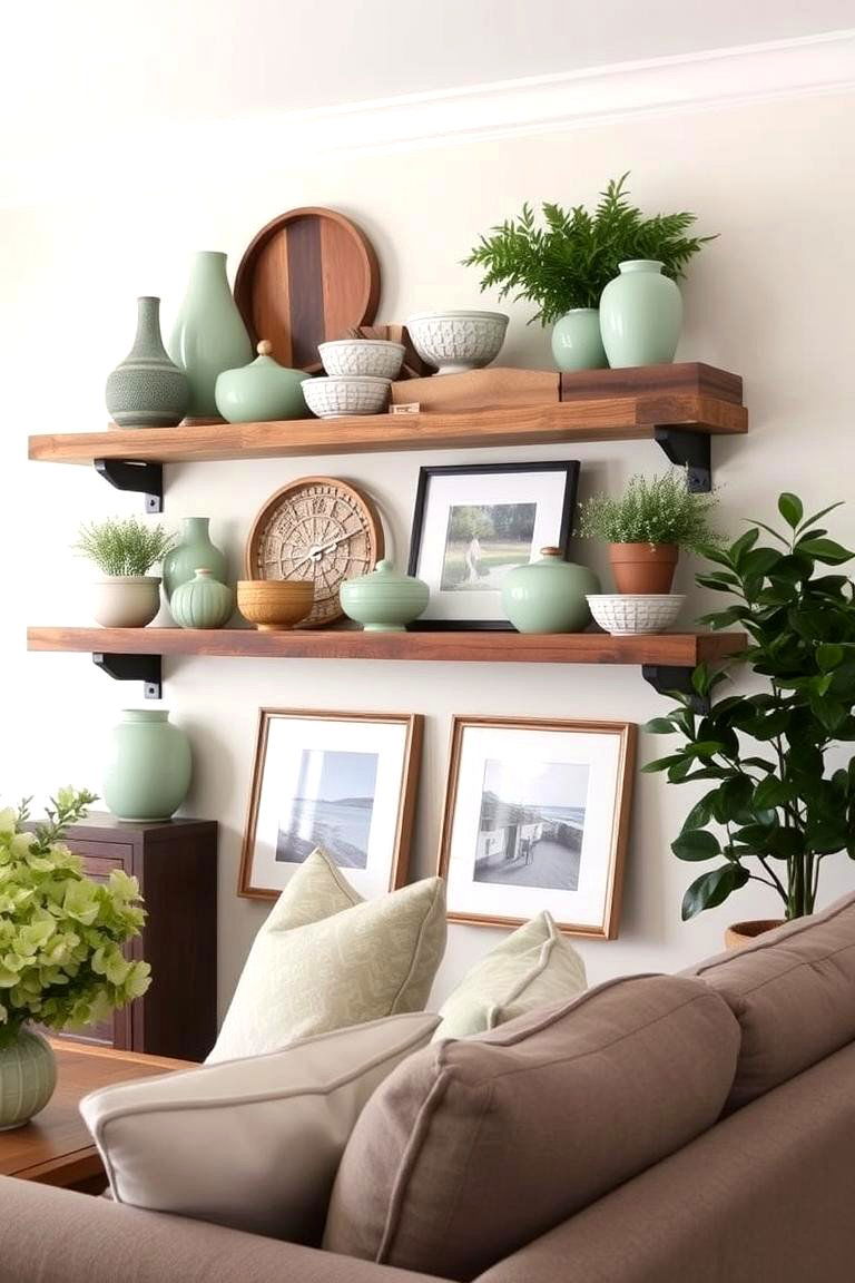 Install Rustic Wooden Shelving with Sage Green Decoratives - 24 Rustic Sage Green Living Room Ideas