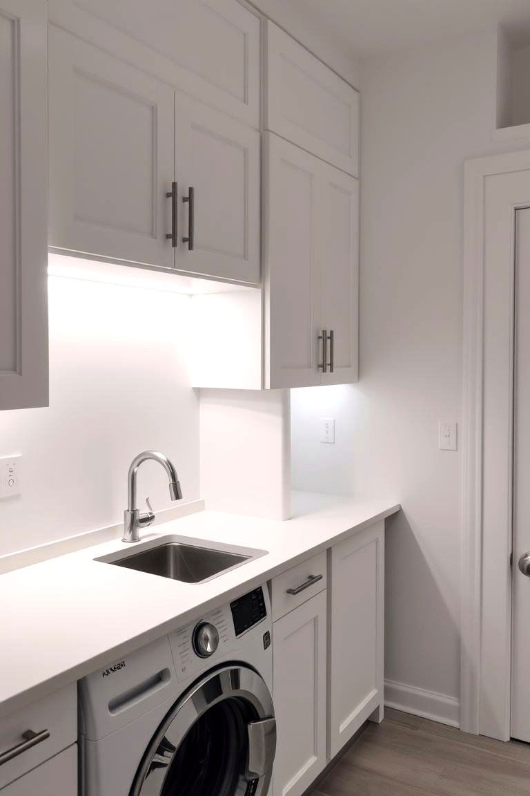 Install Under Cabinet Lighting - 24 White Laundry Room Ideas