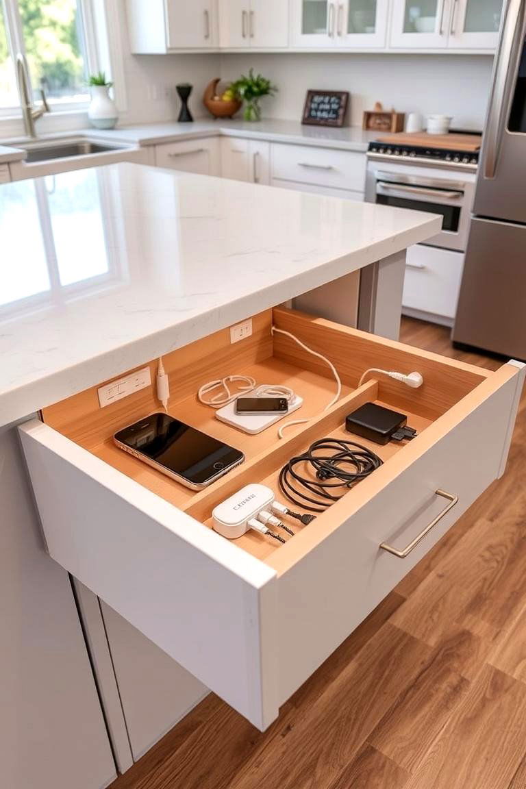 Integrated Charging Station Drawer - 24 Kitchen Island Storage Ideas