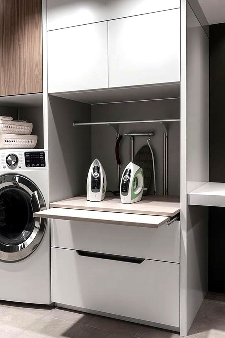 Integrated Ironing Center Streamlined Workflow - 24 Small Laundry Room Ideas With a Top Load Washing Machine