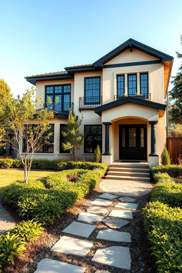 Integrated Landscaping with Beige Facade - 24 beige and black house exterior ideas