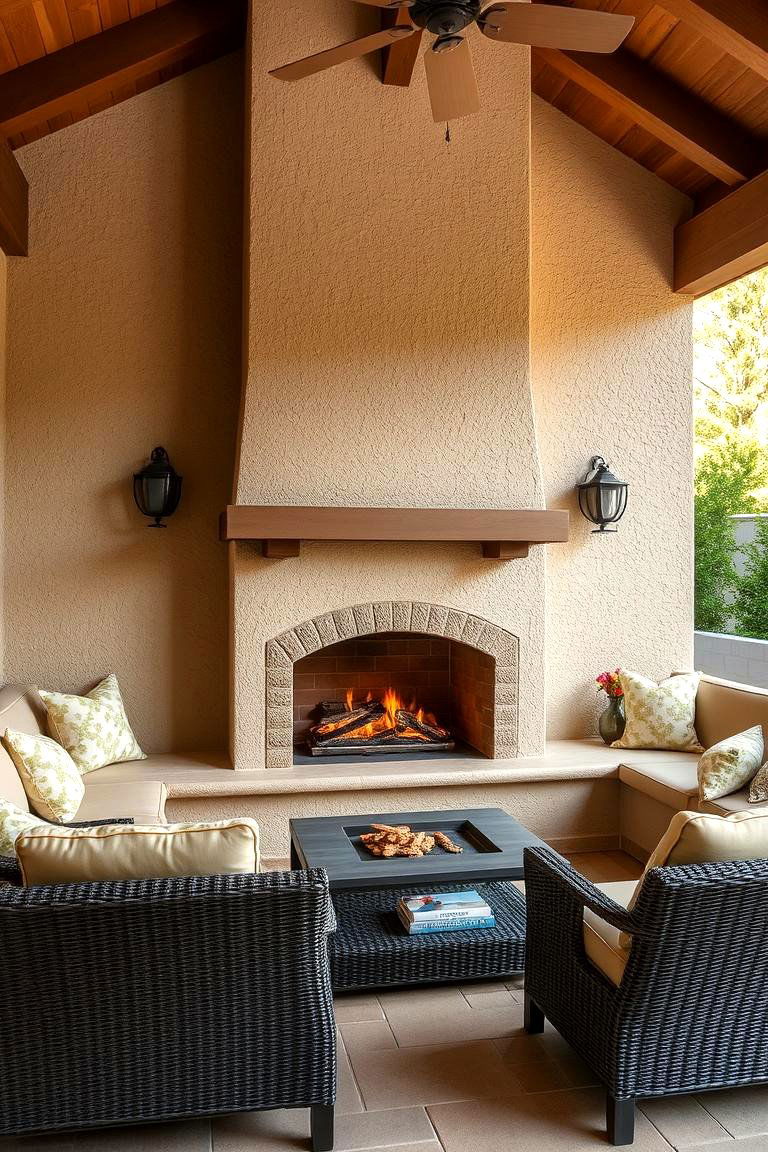 Integrated Seating Stucco Fireplace - 24 Stucco Fireplace Ideas
