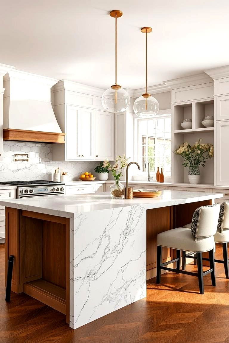 Integrated Seating with Marble Countertop - 24 Marble Kitchen Island Ideas